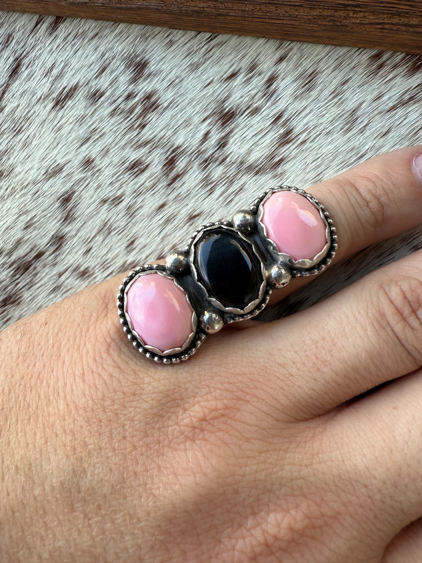 Pink Conch and Black Obsidian Ring size 8.5