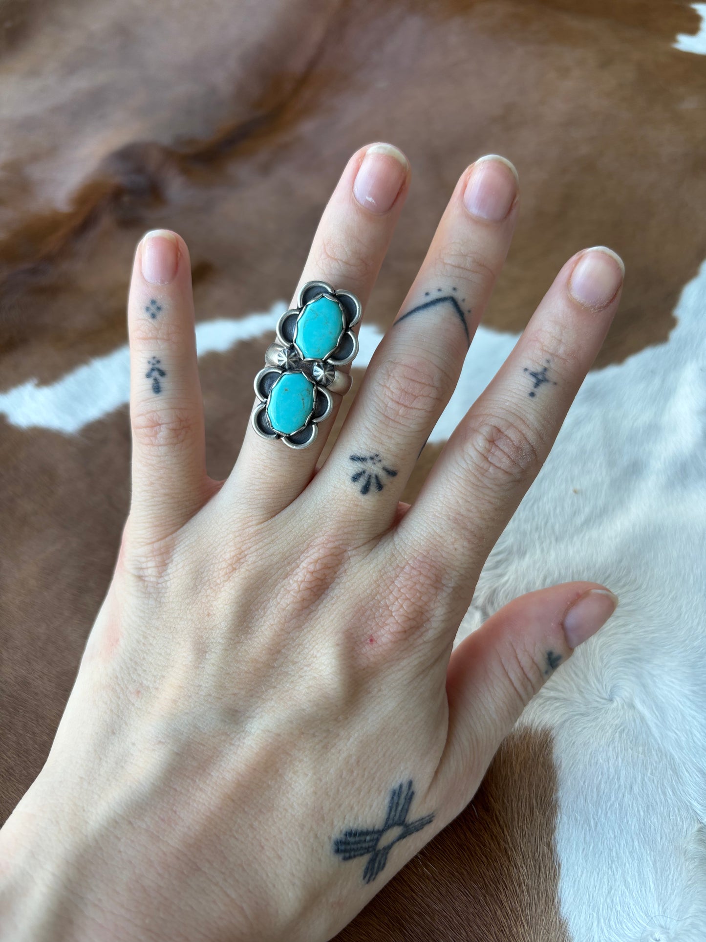 Turquoise Double Stone Flower Ring Size 6.25