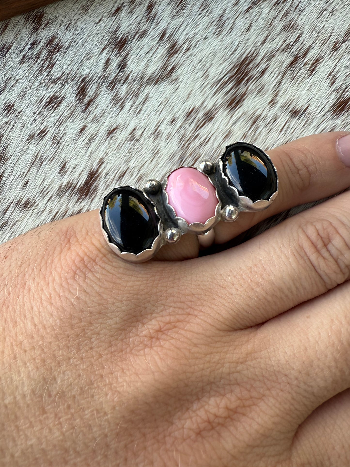 Pink Conch and Black Obsidian Ring Size 7