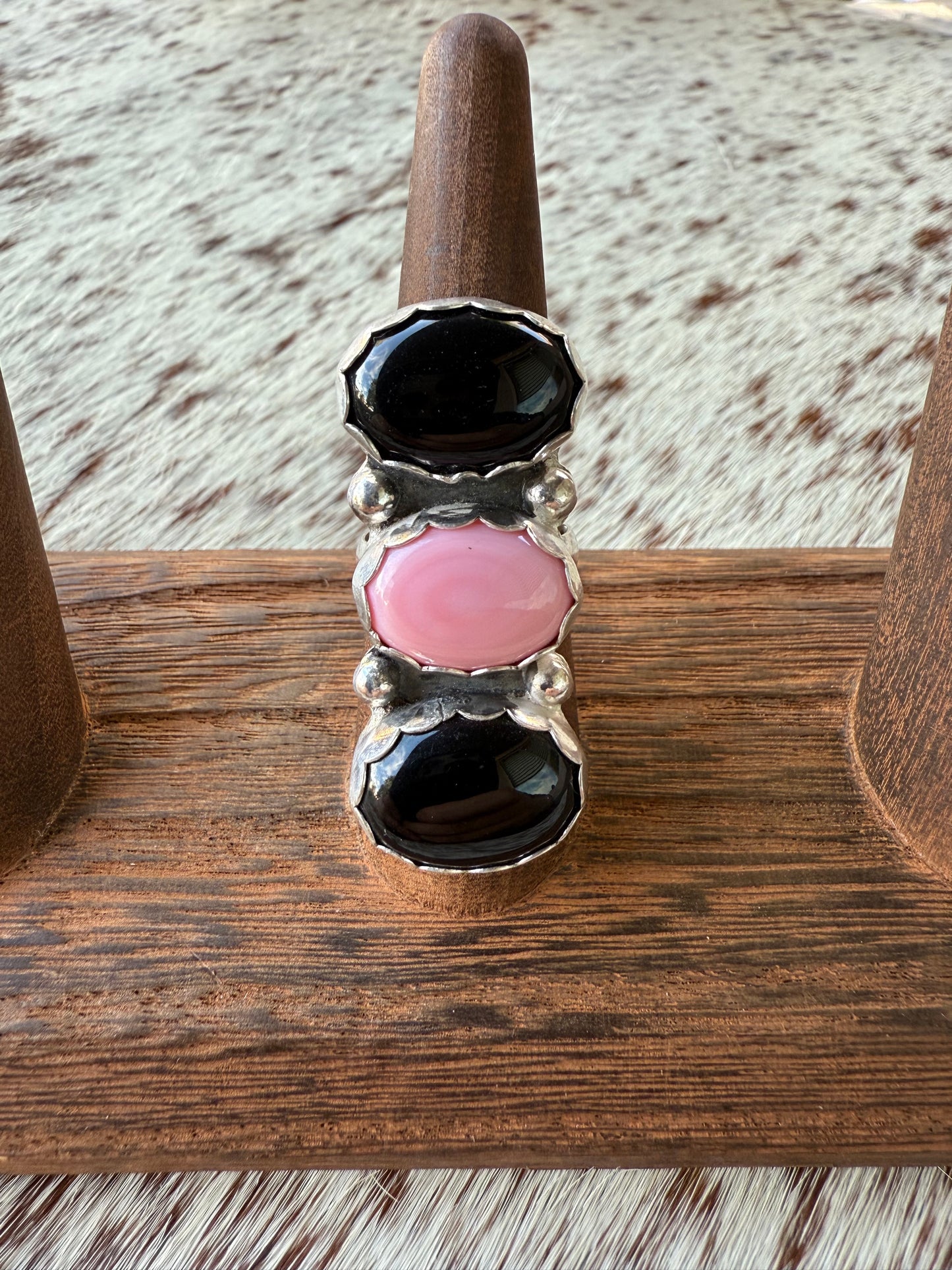 Pink Conch and Black Obsidian Ring Size 7