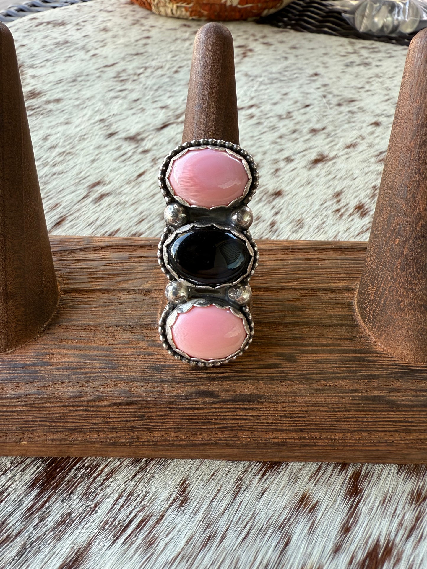 Pink Conch and Black Obsidian Ring size 8.5