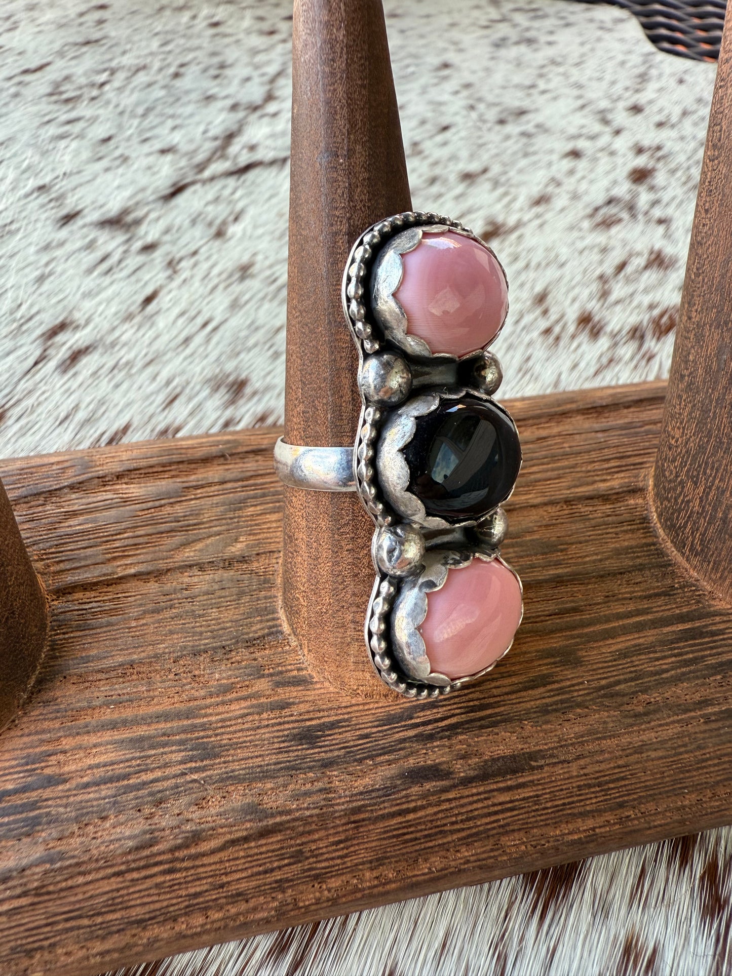Pink Conch and Black Obsidian Ring size 8.5