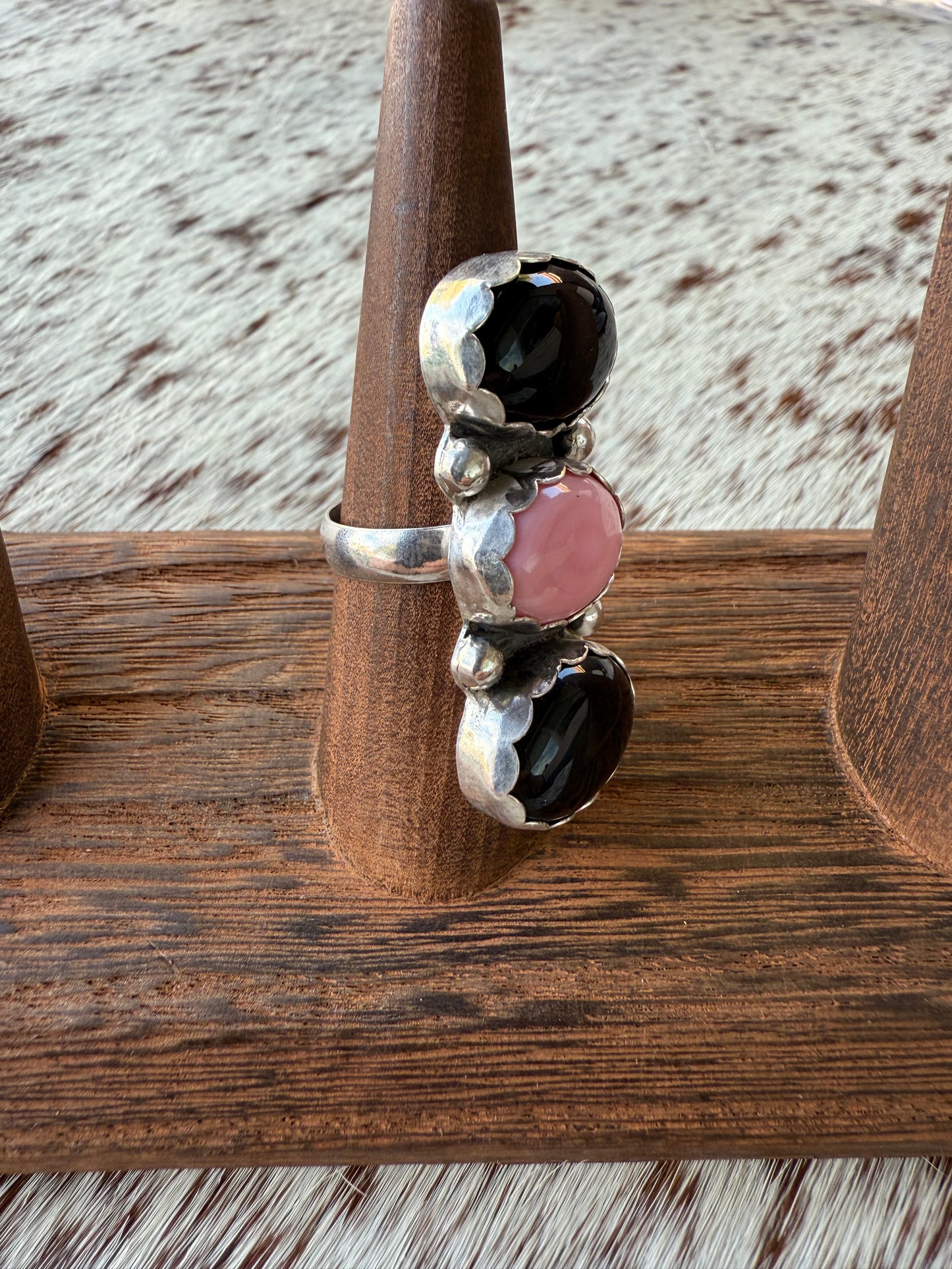 Pink Conch and Black Obsidian Ring Size 7