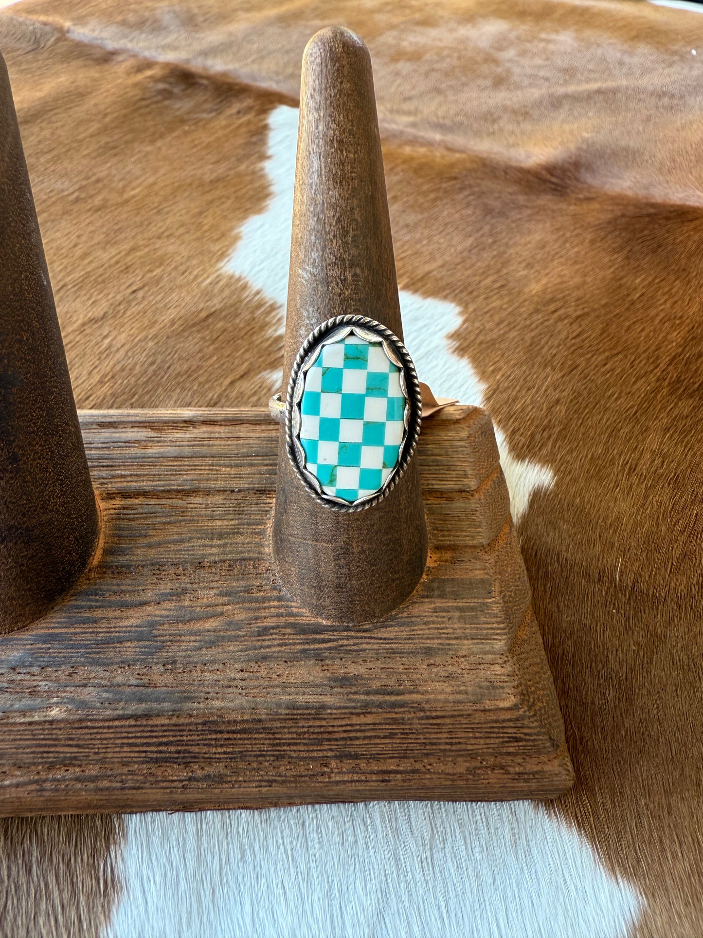White/Blue Checkered Ring Size 7.5
