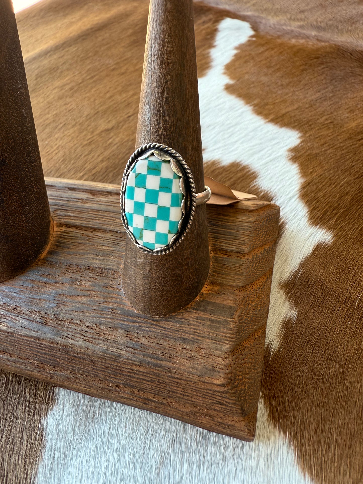 White/Blue Checkered Ring Size 7.5