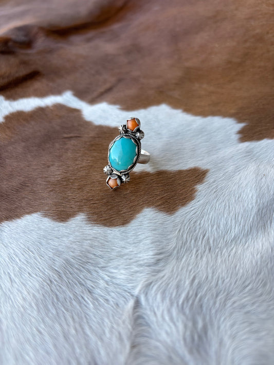 Turquoise and Spiny Oyster Ring Size 7.5