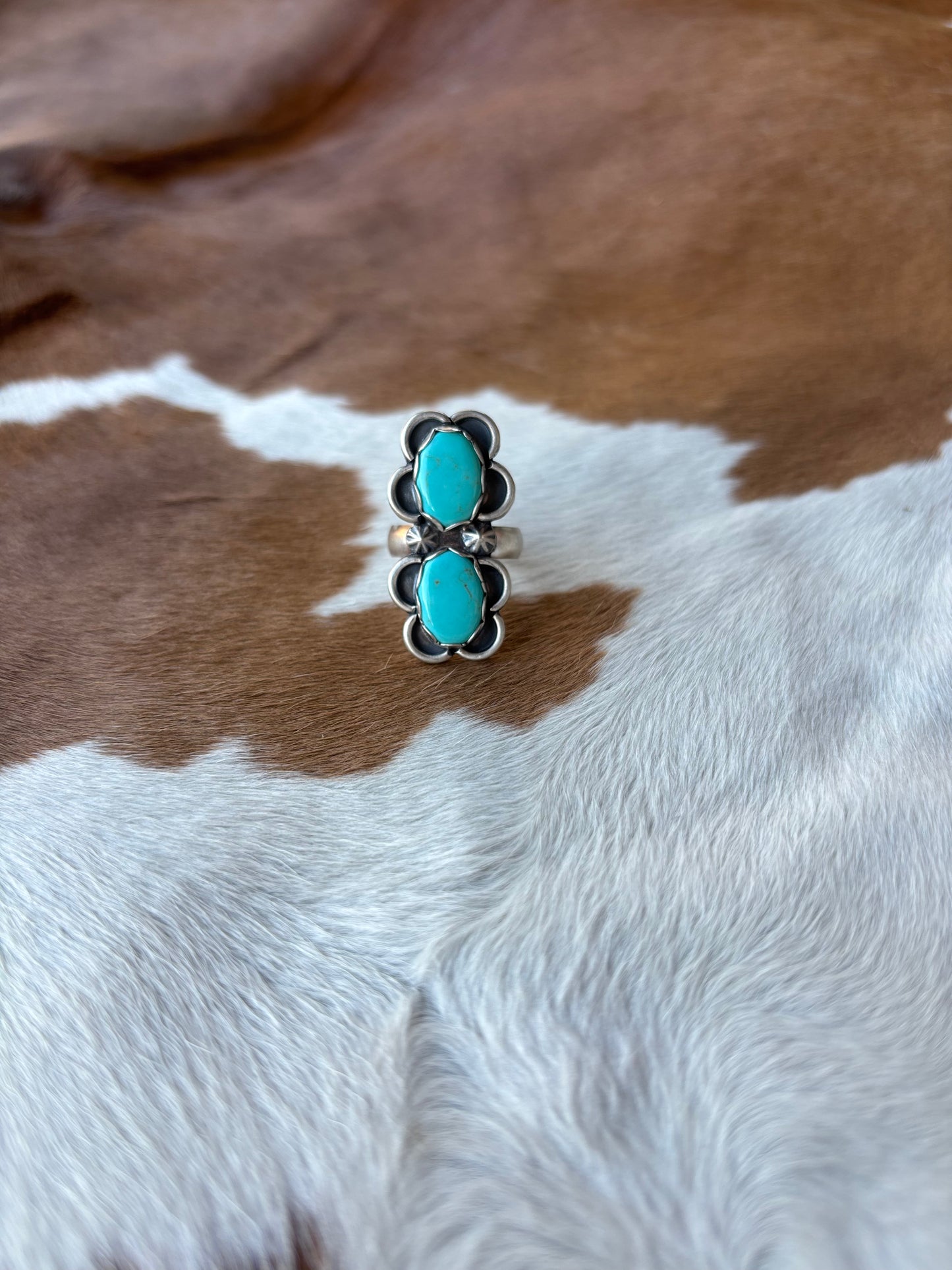 Turquoise Double Stone Flower Ring Size 6.25