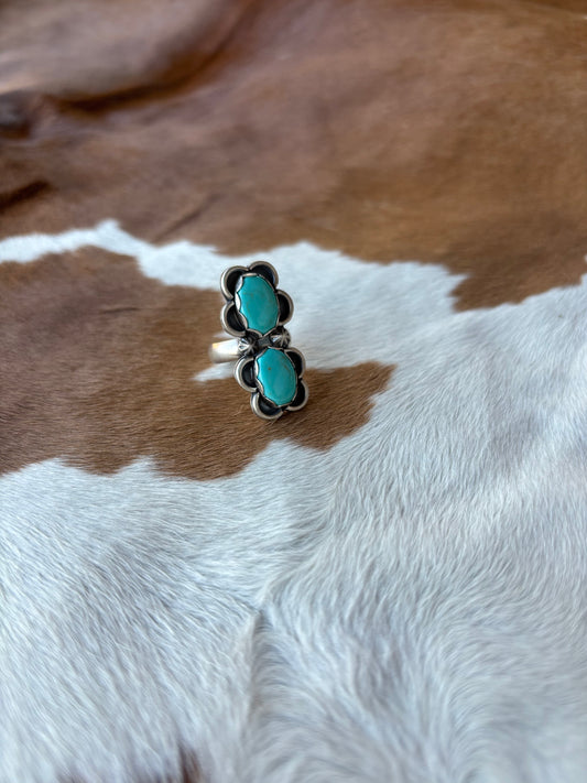 Turquoise Double Stone Flower Ring Size 6.25