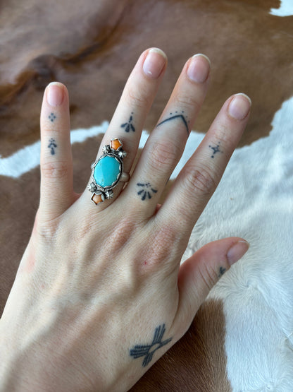 Turquoise and Spiny Oyster Ring Size 7.5